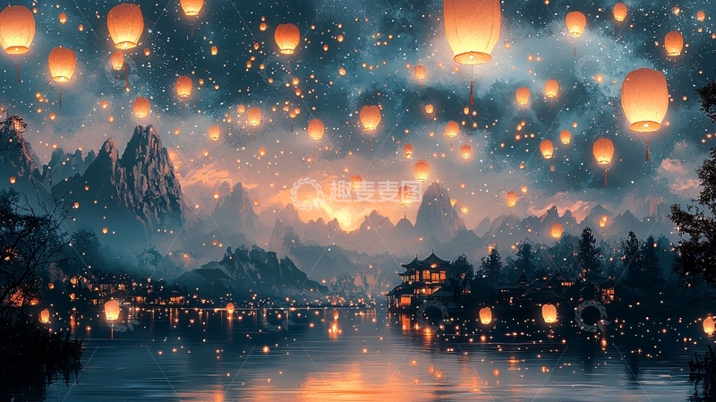高清大图下载【趣麦麦图】梦幻般的天灯夜景
