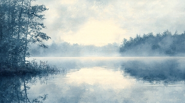 清晨薄雾笼罩的湖面