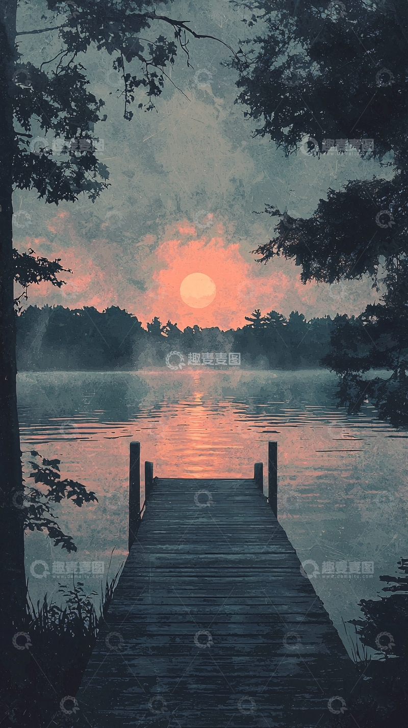 高清大图下载【趣麦麦图】宁静湖泊日出木栈道
