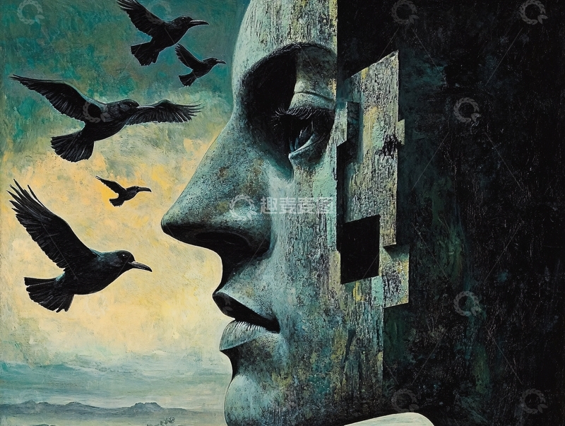 高清大图下载【趣麦麦图】石像侧面与飞鸟