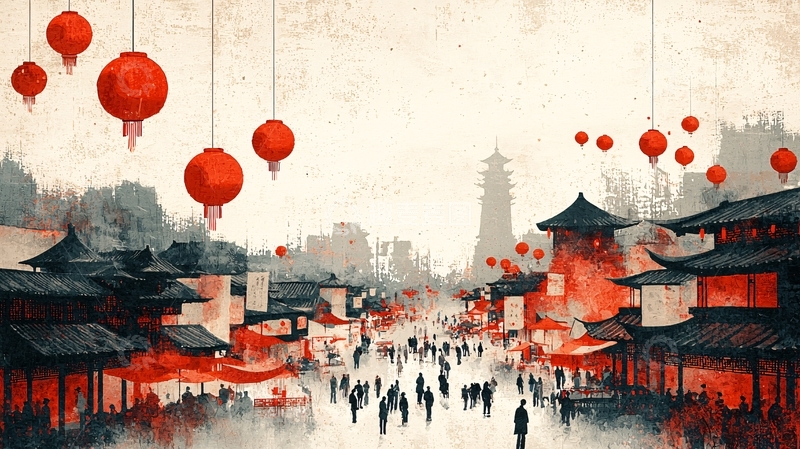 高清大图下载【趣麦麦图】水墨中国风古镇红灯笼