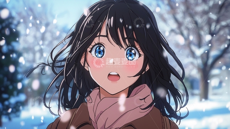 高清大图下载【趣麦麦图】冬日雪景中蓝色眼睛女孩