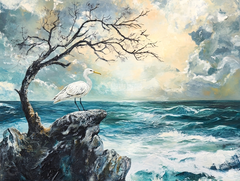 高清大图下载【趣麦麦图】海边孤树白鹭的油画