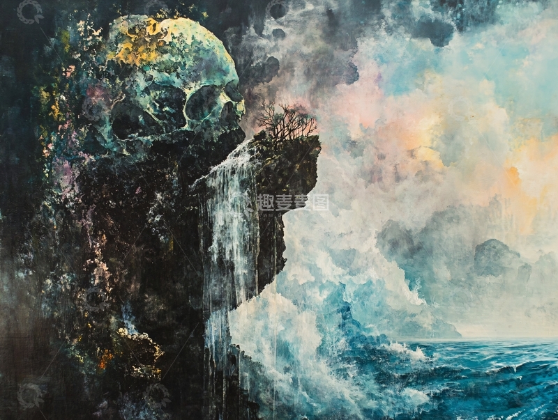 高清大图下载【趣麦麦图】骷髅头悬崖瀑布海景
