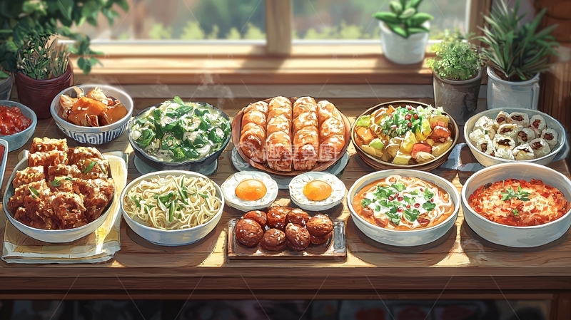 高清大图下载【趣麦麦图】阳光洒满窗台的丰盛料理