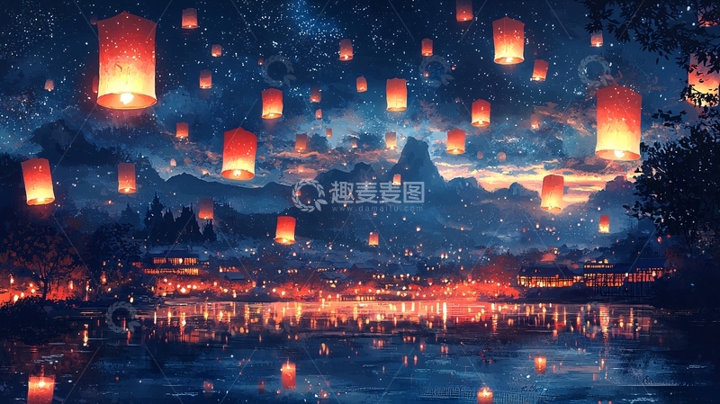 高清大图下载【趣麦麦图】夜空中飞舞的许愿灯