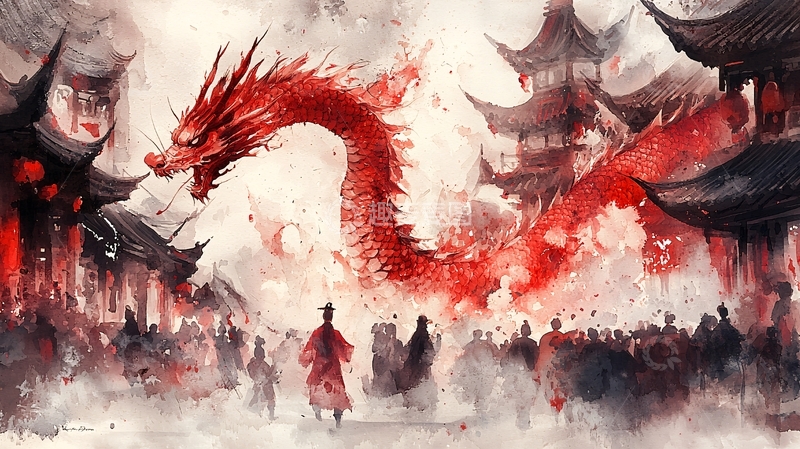 高清大图下载【趣麦麦图】水墨画红龙