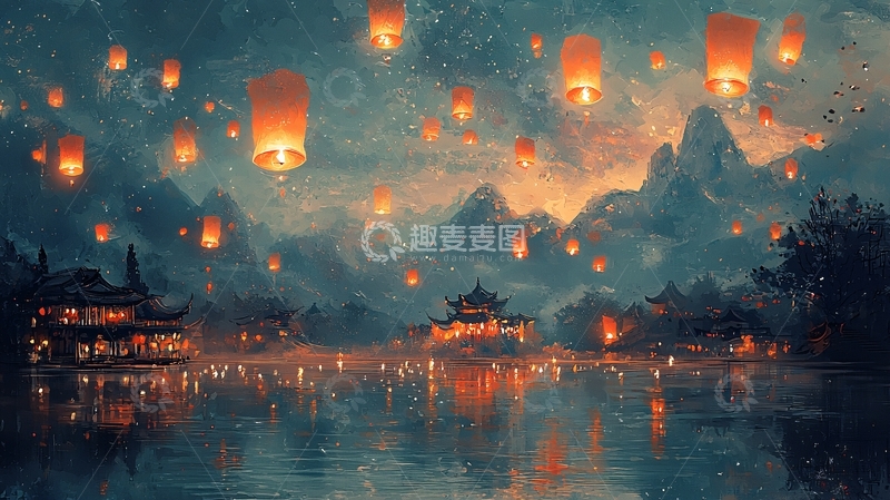 高清大图下载【趣麦麦图】梦幻山水灯笼夜景