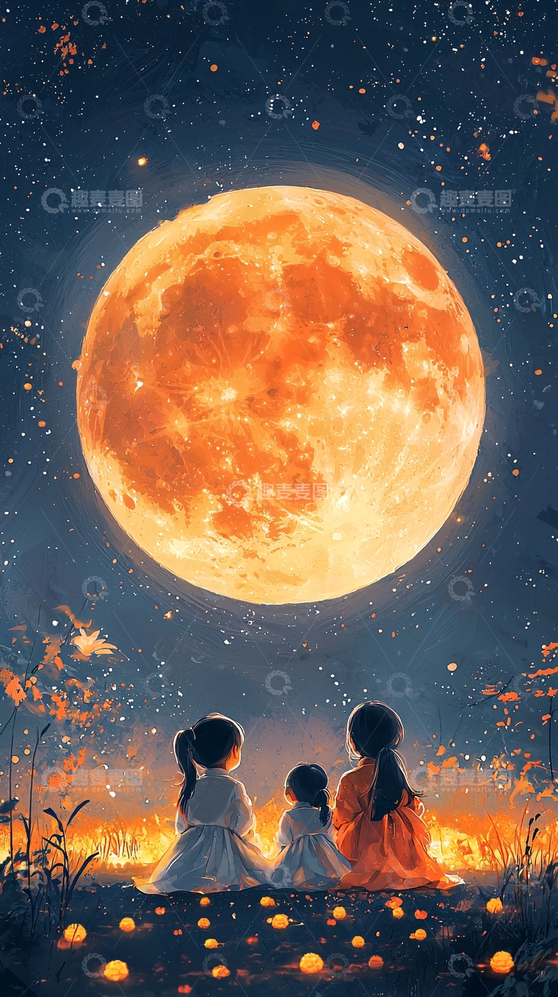高清大图下载【趣麦麦图】唯美星空下母女三人赏月