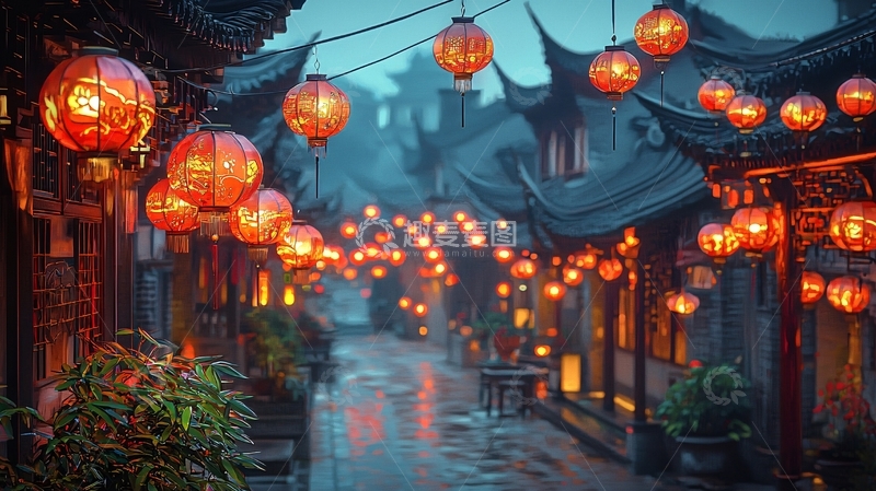 高清大图下载【趣麦麦图】雨夜古镇红灯笼