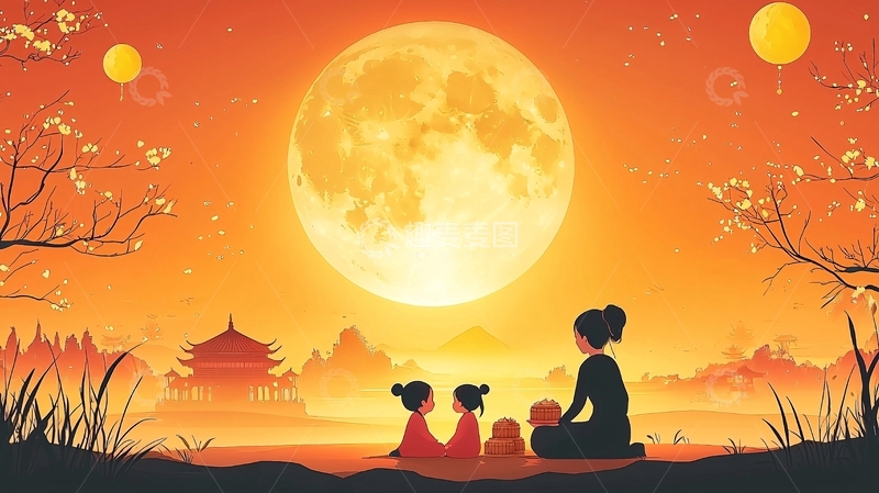 高清大图下载【趣麦麦图】中秋节全家赏月