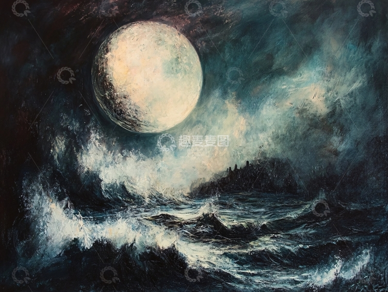 高清大图下载【趣麦麦图】巨型月亮下的暴风雨海浪