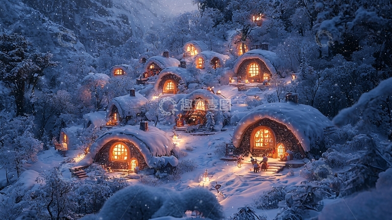 高清大图下载【趣麦麦图】雪中精灵村庄