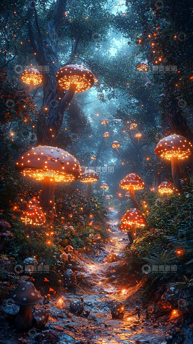 高清大图下载【趣麦麦图】发光蘑菇森林小路