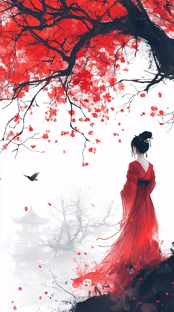 红衣女子红树水墨画