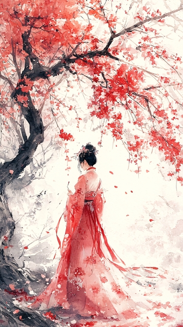 红衣女子樱花树下