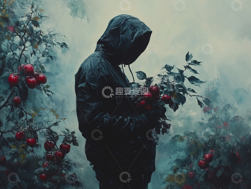 高清大图下载【趣麦麦图】-雨中黑衣人持红苹果