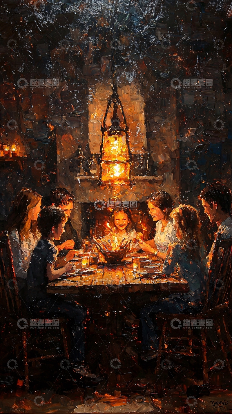 高清大图下载【趣麦麦图】温馨家庭晚餐油画