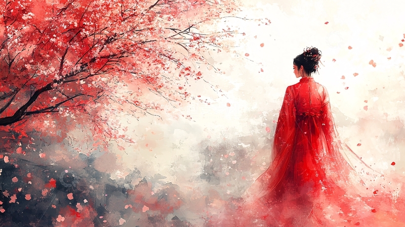 高清大图下载【趣麦麦图】红衣女子樱花树下背影