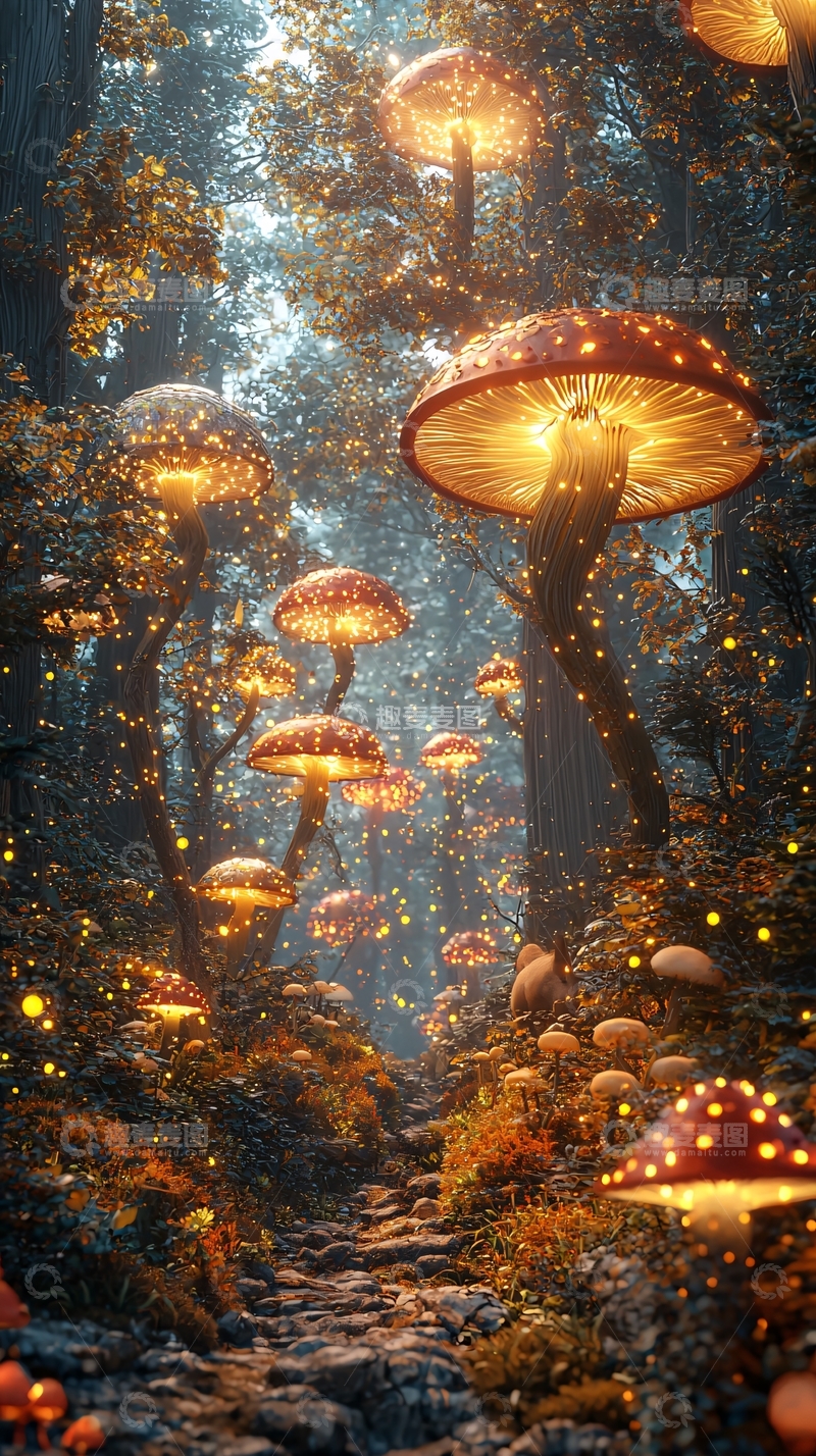 高清大图下载【趣麦麦图】发光蘑菇森林小路