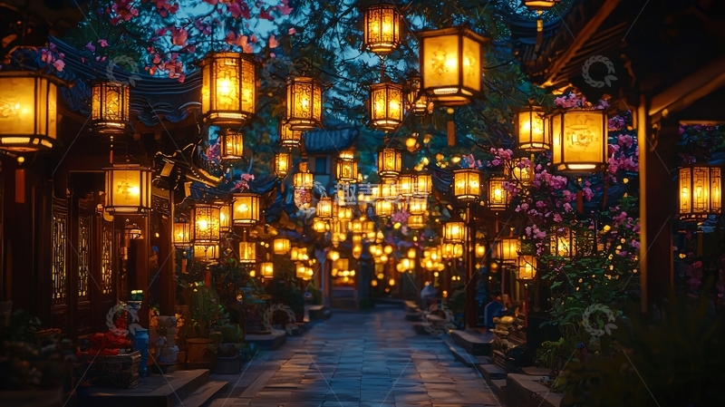 高清大图下载【趣麦麦图】古色古香的灯笼小道