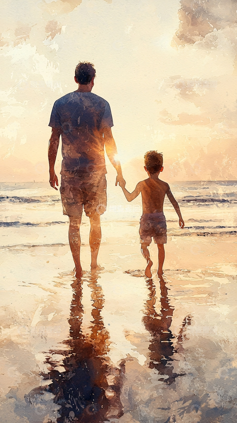高清大图下载【趣麦麦图】父与子海边背影