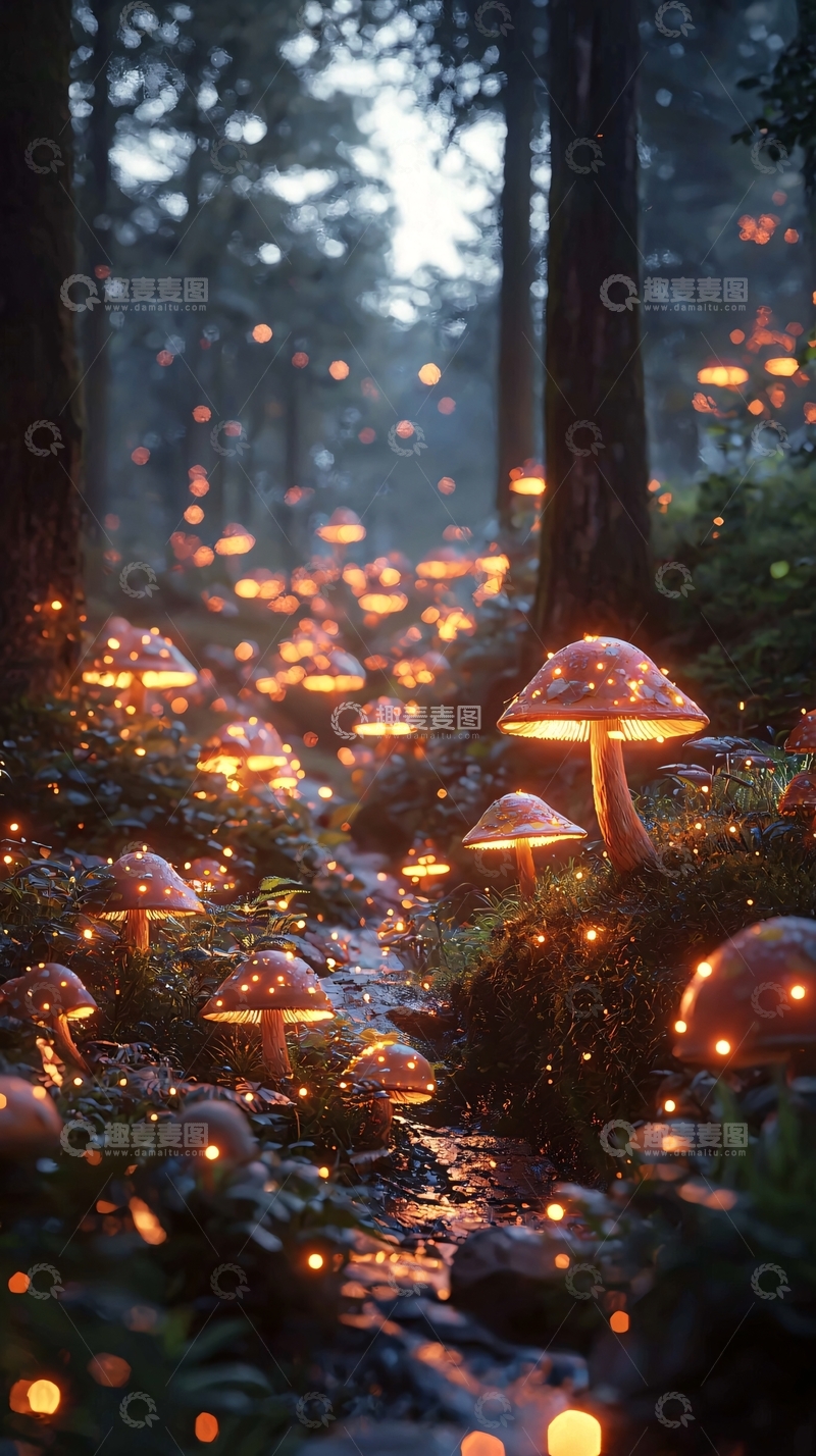 高清大图下载【趣麦麦图】发光蘑菇森林小溪