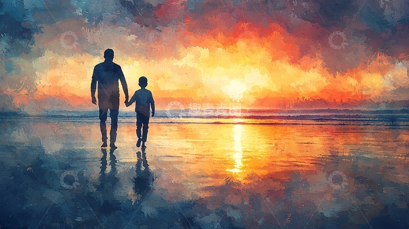 高清大图下载【趣麦麦图】父子黄昏海边背影