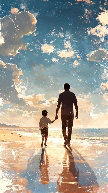 父子牵手海边漫步