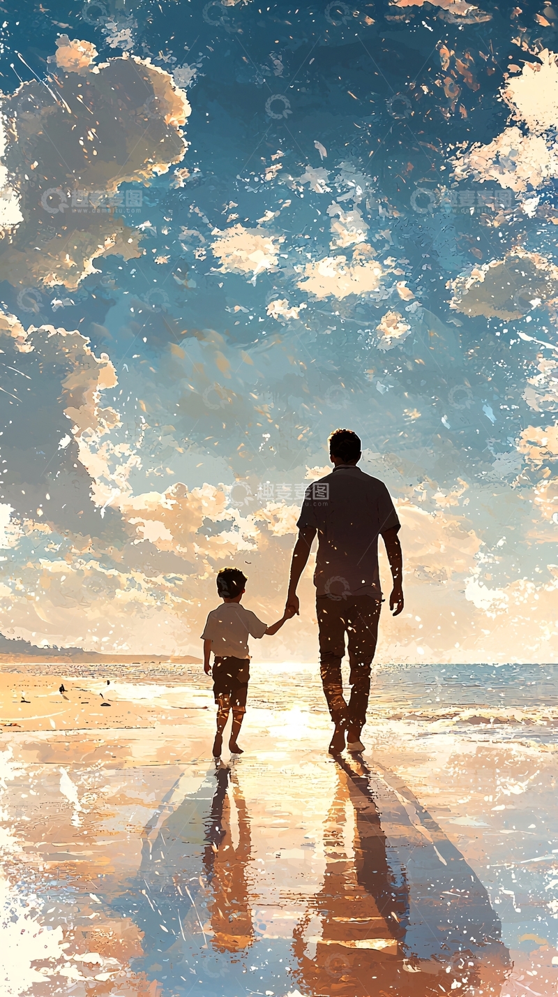 高清大图下载【趣麦麦图】父子牵手海边漫步