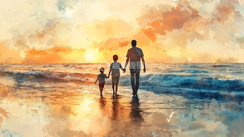 高清大图下载【趣麦麦图】父亲和儿子海边日落