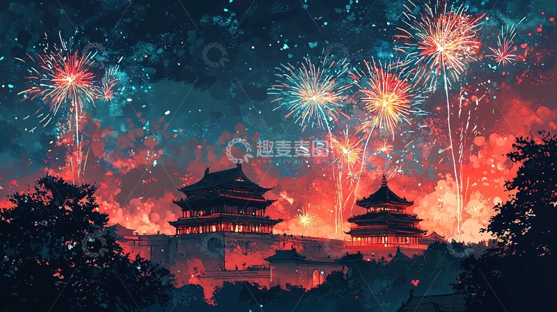 高清大图下载【趣麦麦图】古城夜空绽放烟花