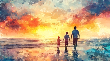 日落海滩父子背影