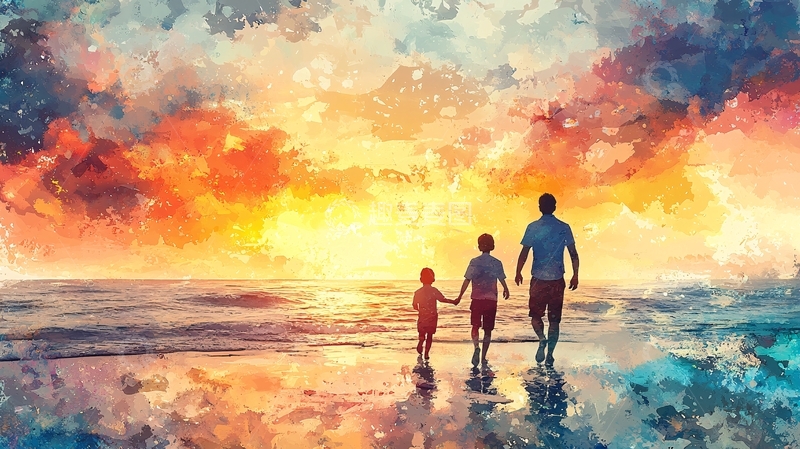 高清大图下载【趣麦麦图】日落海滩父子背影