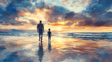 父与子海边日落剪影