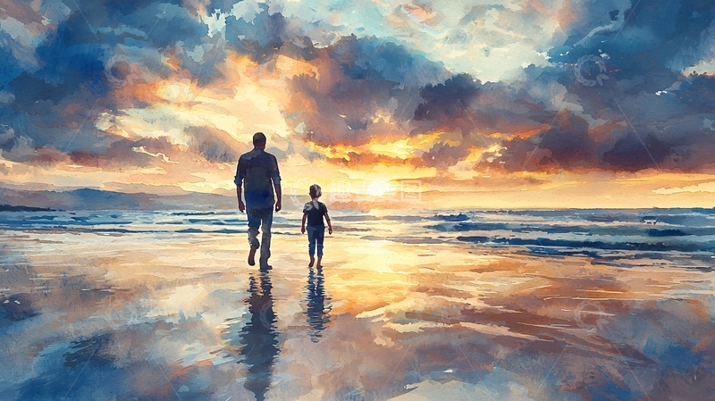 高清大图下载【趣麦麦图】父与子海边日落剪影