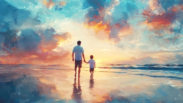 父与子海边日落