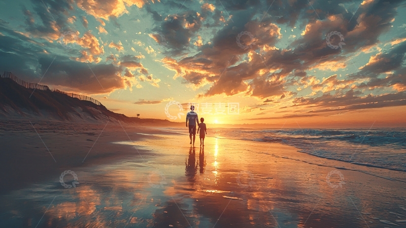 高清大图下载【趣麦麦图】父女黄昏海滩漫步