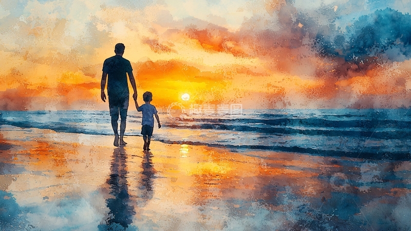 高清大图下载【趣麦麦图】父与子海边日落