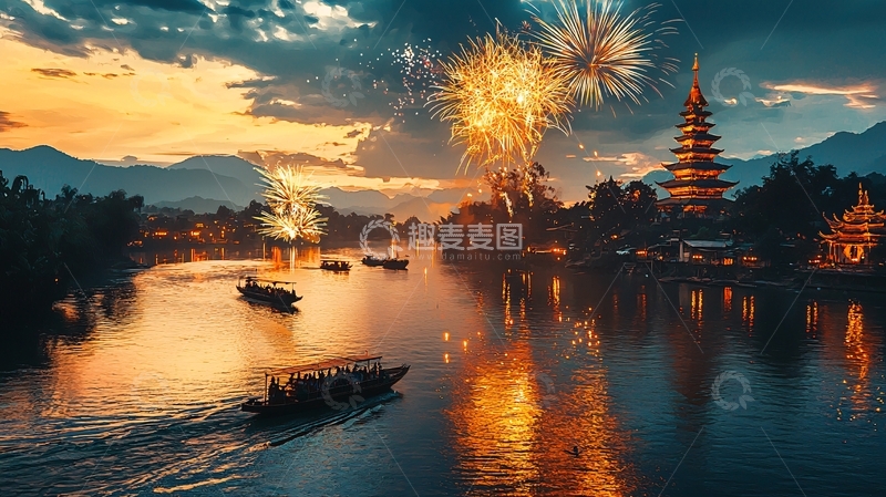 高清大图下载【趣麦麦图】傍晚烟火下的河流古塔