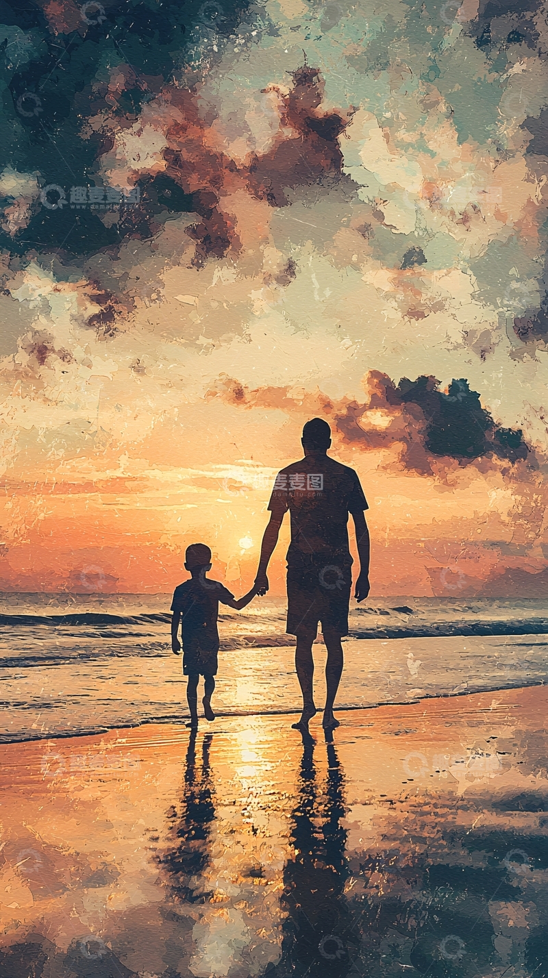 高清大图下载【趣麦麦图】父与子海边日落剪影