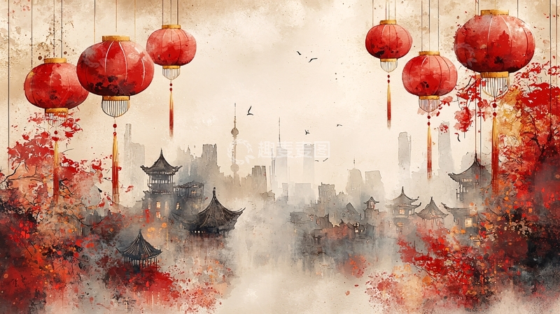 高清大图下载【趣麦麦图】水墨红灯笼城市风景