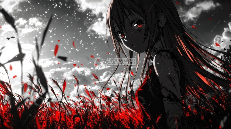 高清大图下载【趣麦麦图】黑白动漫少女