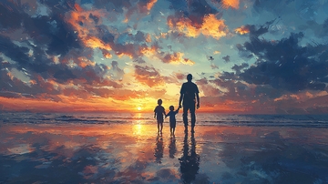 落日余晖下父亲与孩子