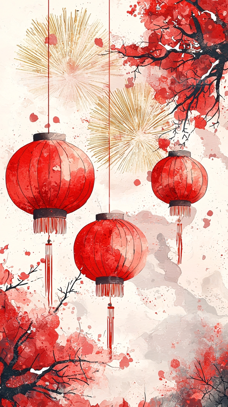 高清大图下载【趣麦麦图】红灯笼水彩画