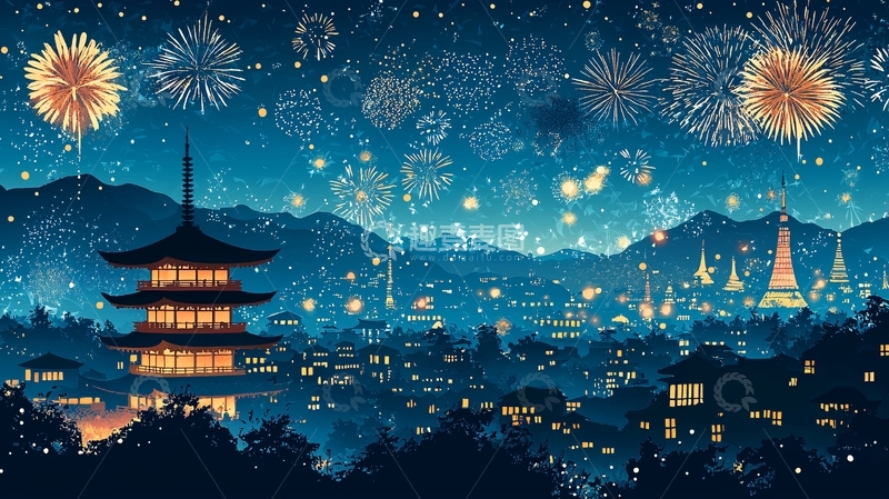 高清大图下载【趣麦麦图】夜空烟火下的日本城市夜景