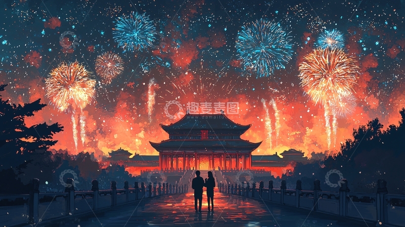高清大图下载【趣麦麦图】烟火下的中国古建筑情侣