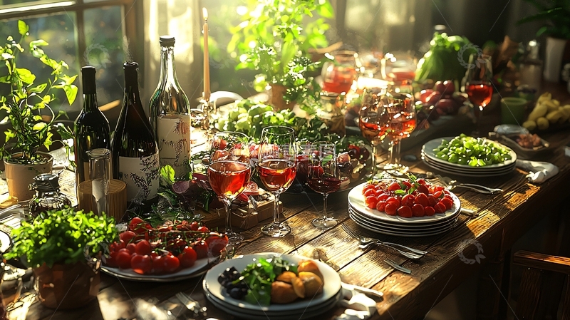 高清大图下载【趣麦麦图】阳光洒在丰盛餐桌上