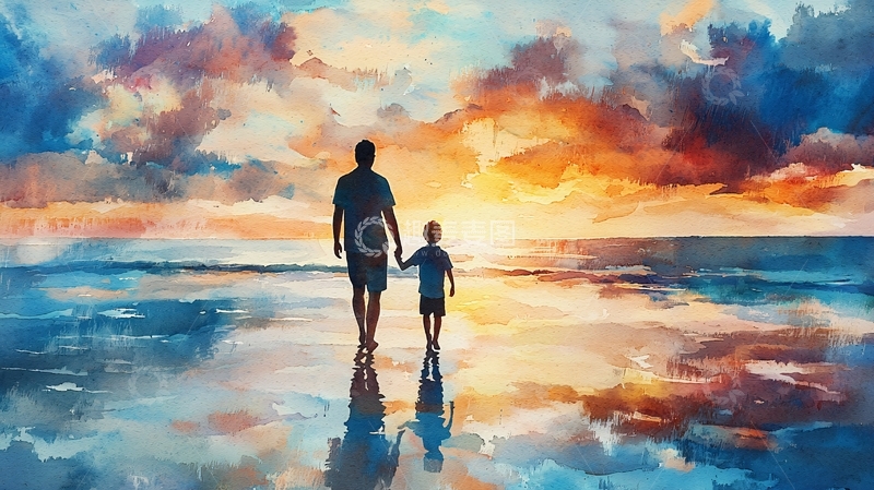 高清大图下载【趣麦麦图】父与子日落海滩