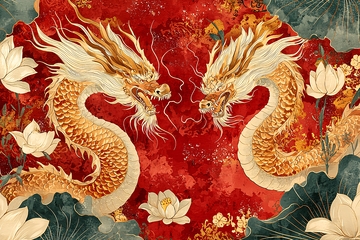 红底金色双龙戏水图